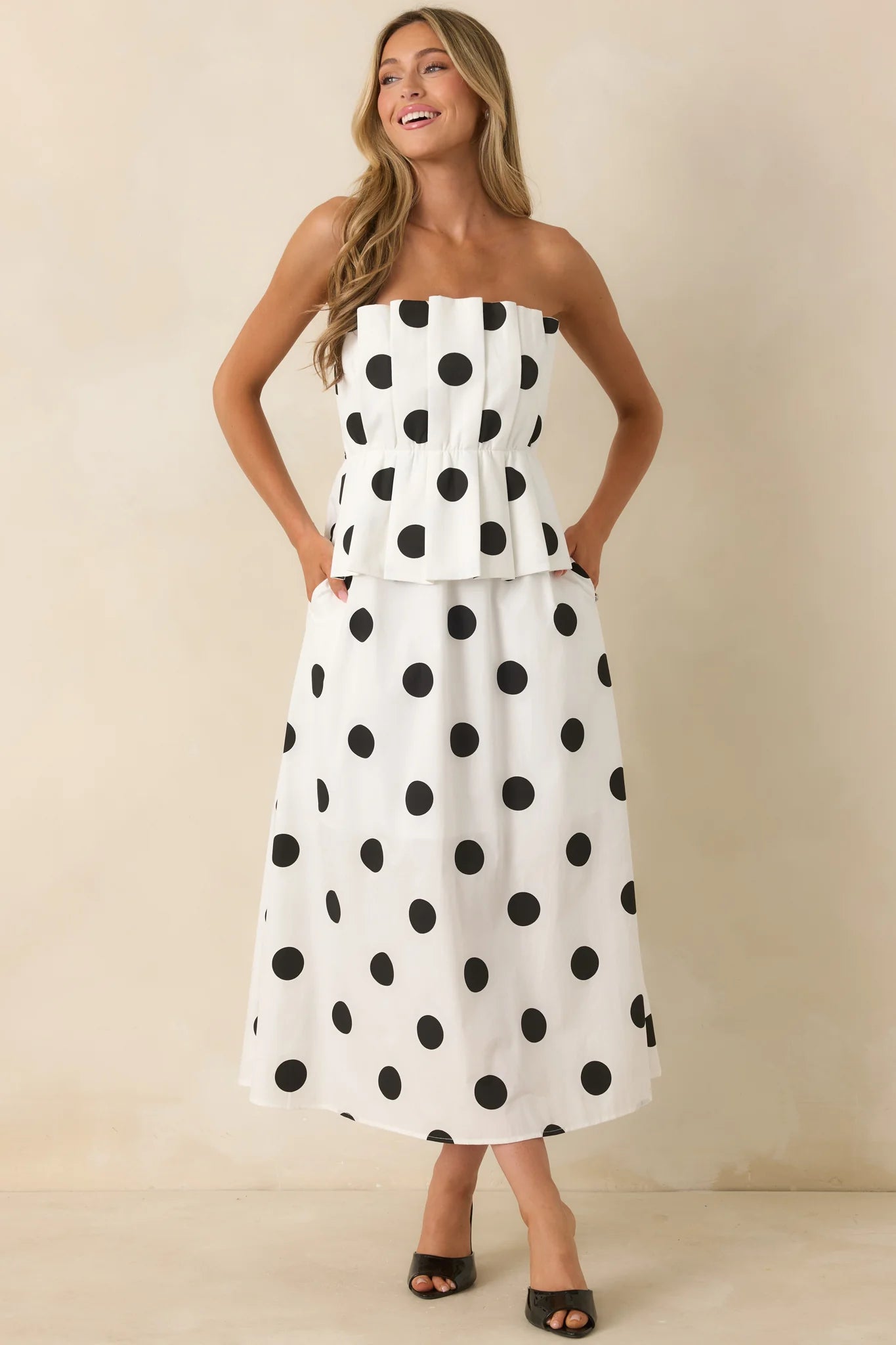 A Class of Her Own White & Black Polka Dot Strapless Midi Dress