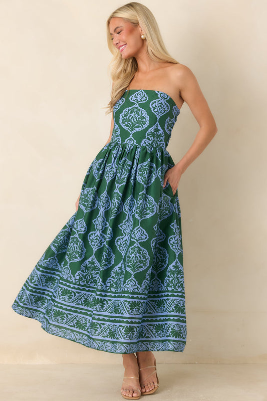 Painted Passage Green & Light Blue Cotton Strapless Midi Dress