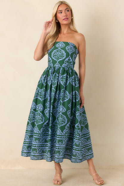 Painted Passage Green & Light Blue Cotton Strapless Midi Dress
