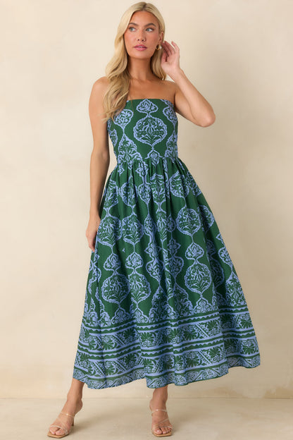 Painted Passage Green & Light Blue Cotton Strapless Midi Dress