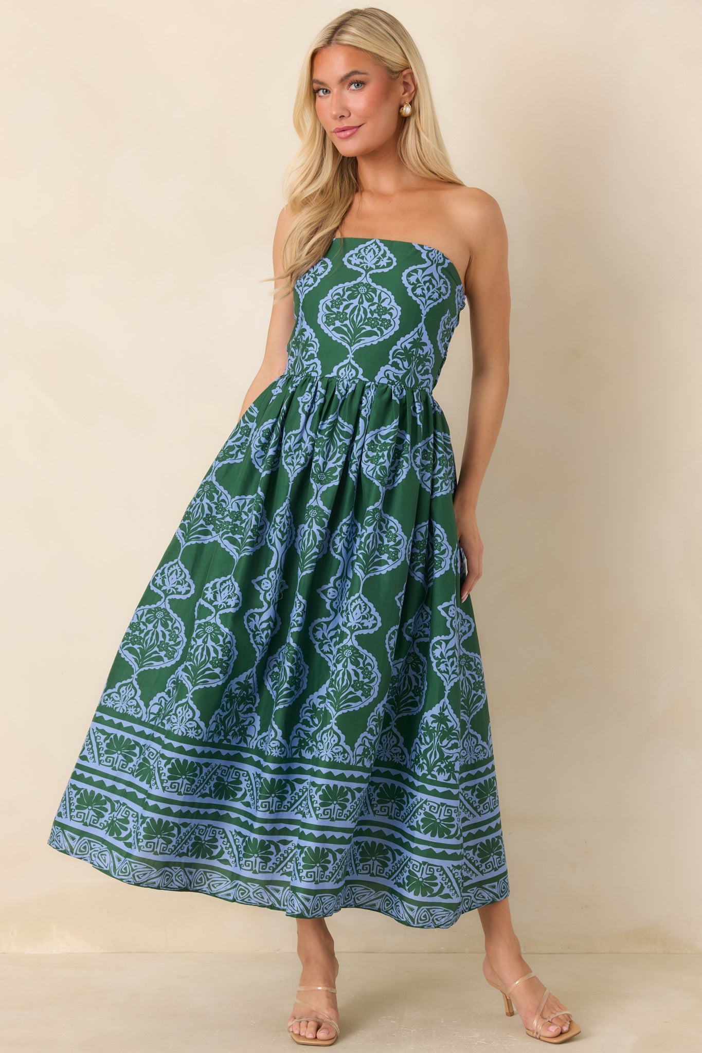 Painted Passage Green & Light Blue Cotton Strapless Midi Dress