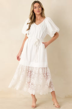 Je T'aime Toujours White Cotton & Gathered Lace Maxi Dress