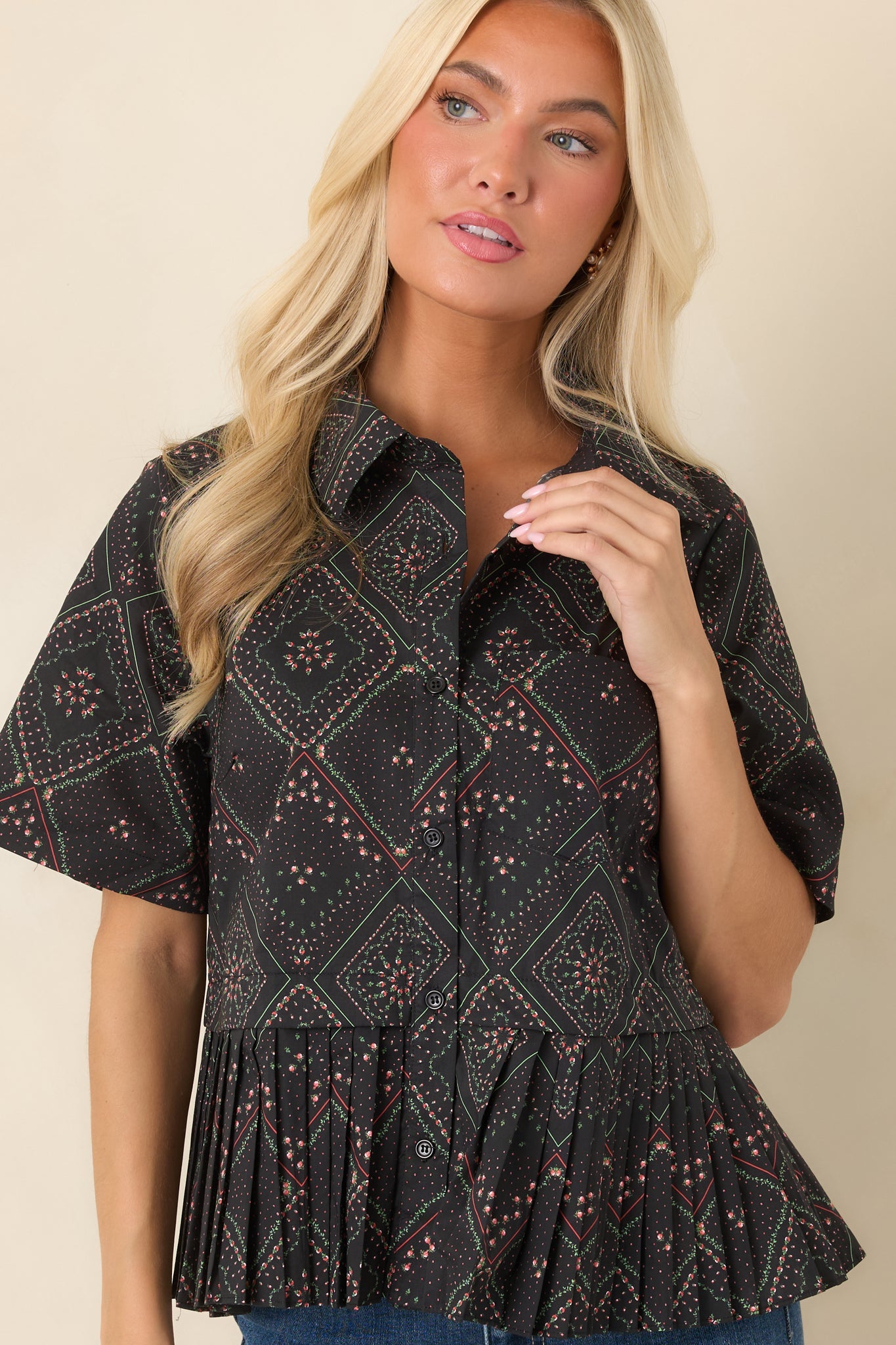 Pattern of Thought Black Floral Cotton Button Front Blouse