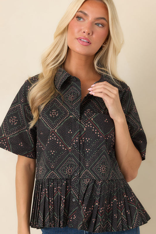 Pattern of Thought Black Floral Cotton Button Front Blouse