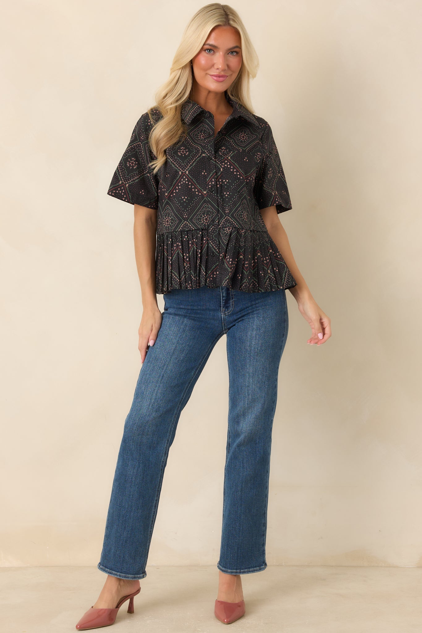 Pattern of Thought Black Floral Cotton Button Front Blouse