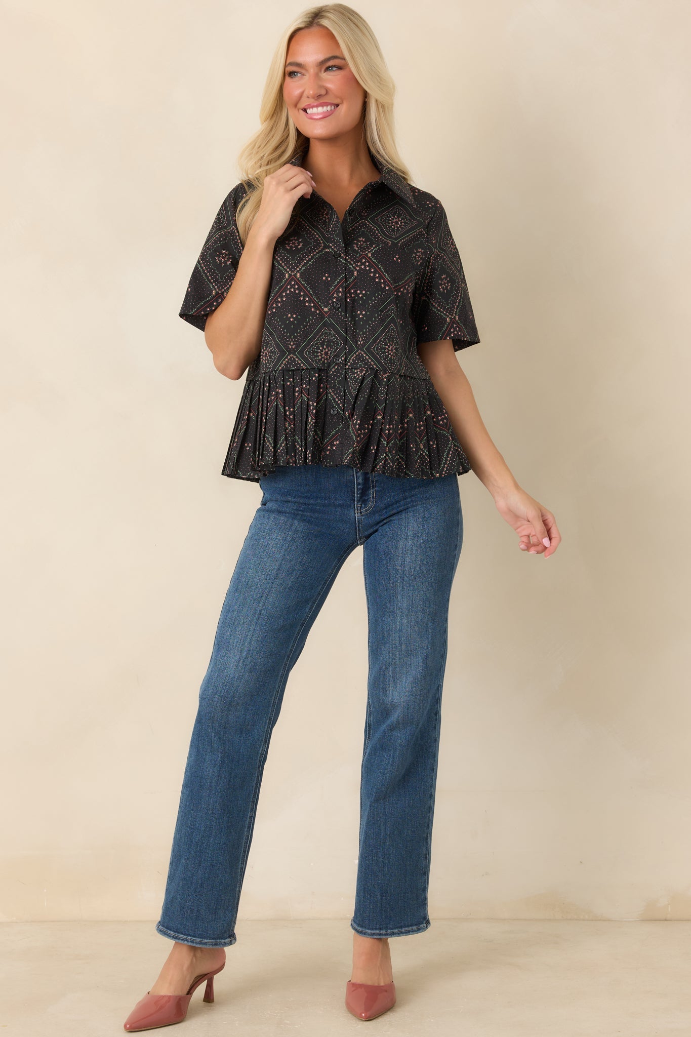 Pattern of Thought Black Floral Cotton Button Front Blouse