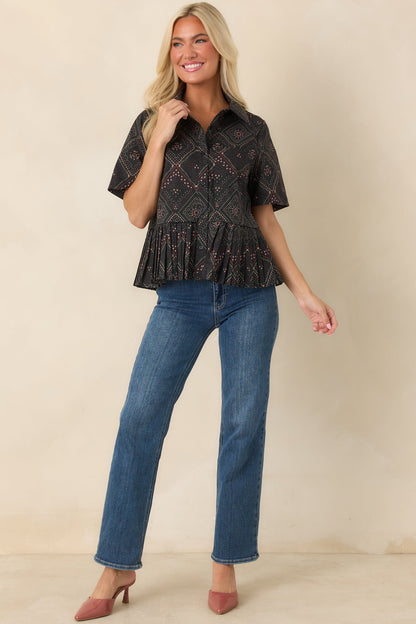 Pattern of Thought Black Floral Cotton Button Front Blouse