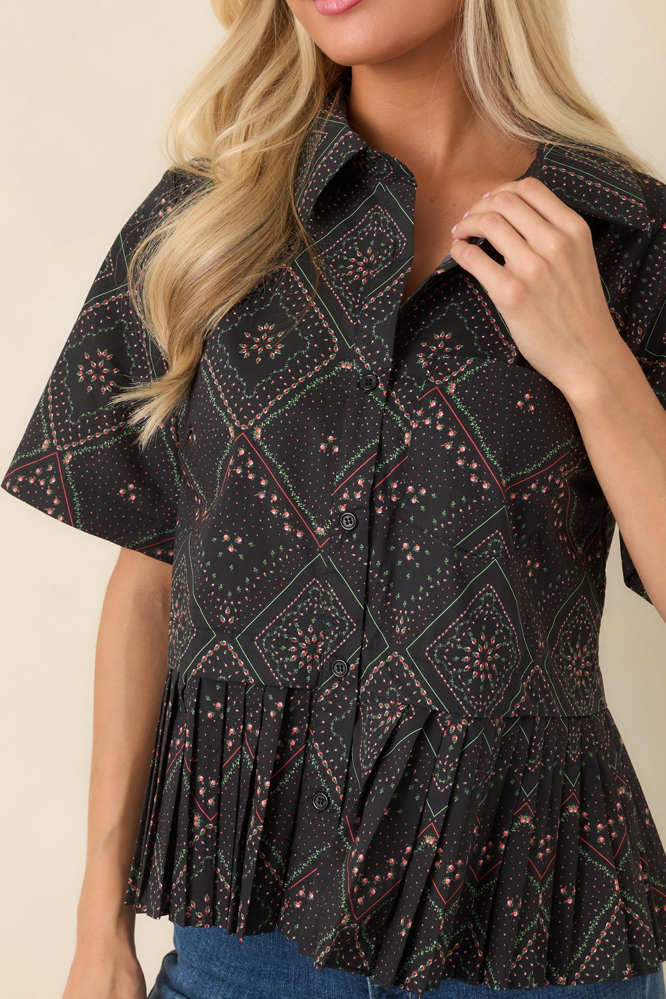 Pattern of Thought Black Floral Cotton Button Front Blouse