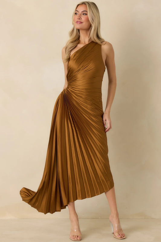 Poetic Charm Bronze Asymmetric One Shoulder Maxi Dress