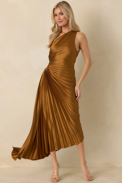 Poetic Charm Bronze Asymmetric One Shoulder Maxi Dress