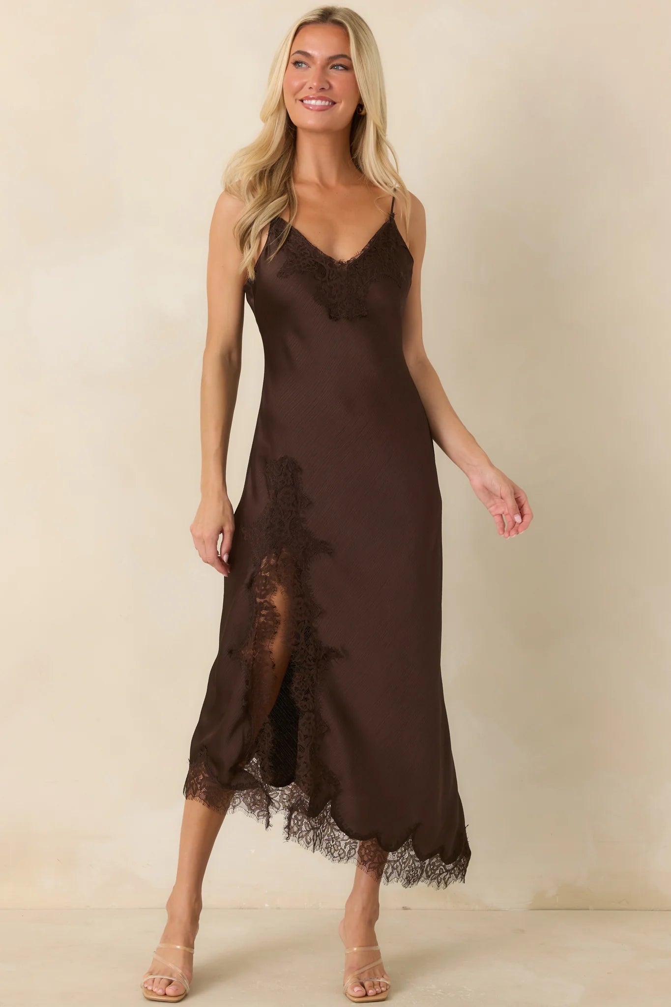 Just Like in the Movies Chocolate Satin Lace Slip Midi Dress