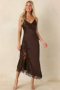 Just Like in the Movies Chocolate Satin Lace Slip Midi Dress