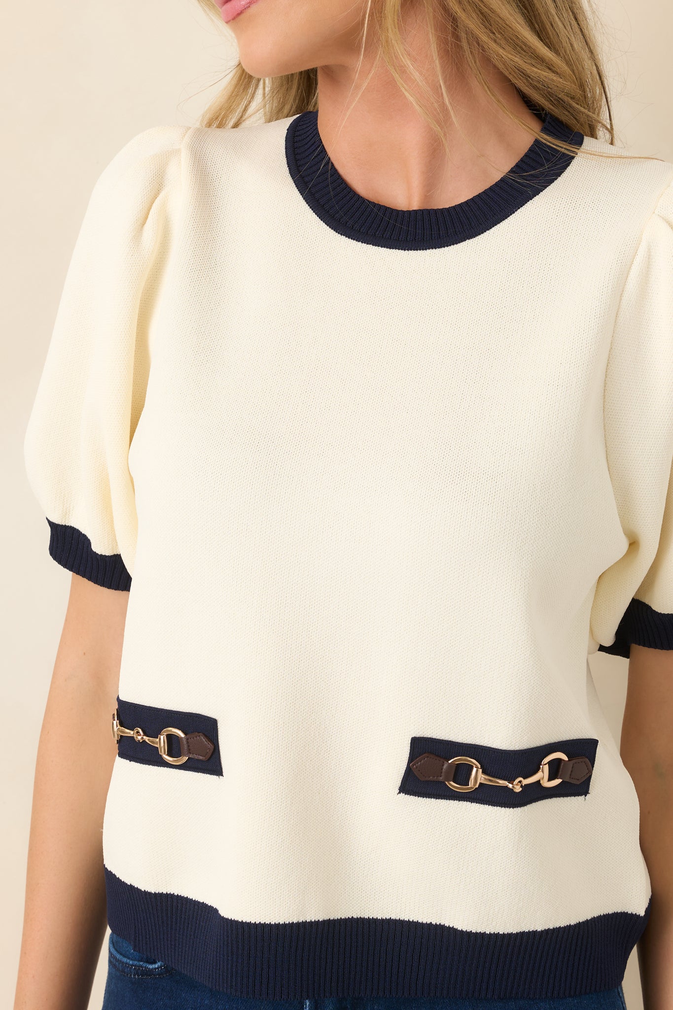 The Polished Life Ivory & Navy Hardware Accent Knit Top