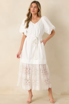 Je T'aime Toujours White Cotton & Gathered Lace Maxi Dress