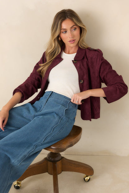 A Rich Addition Wine Faux Suede Cropped Jacket