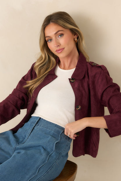 A Rich Addition Wine Faux Suede Cropped Jacket