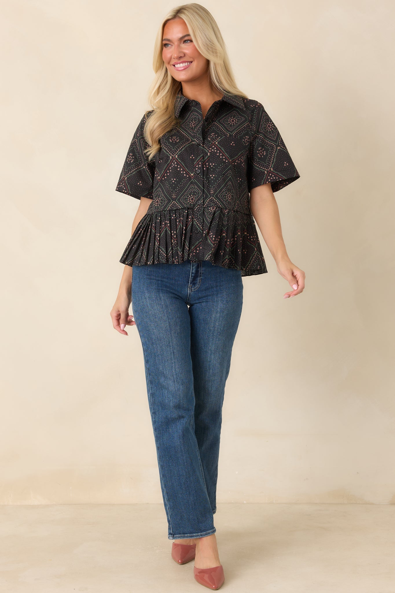 Pattern of Thought Black Floral Cotton Button Front Blouse