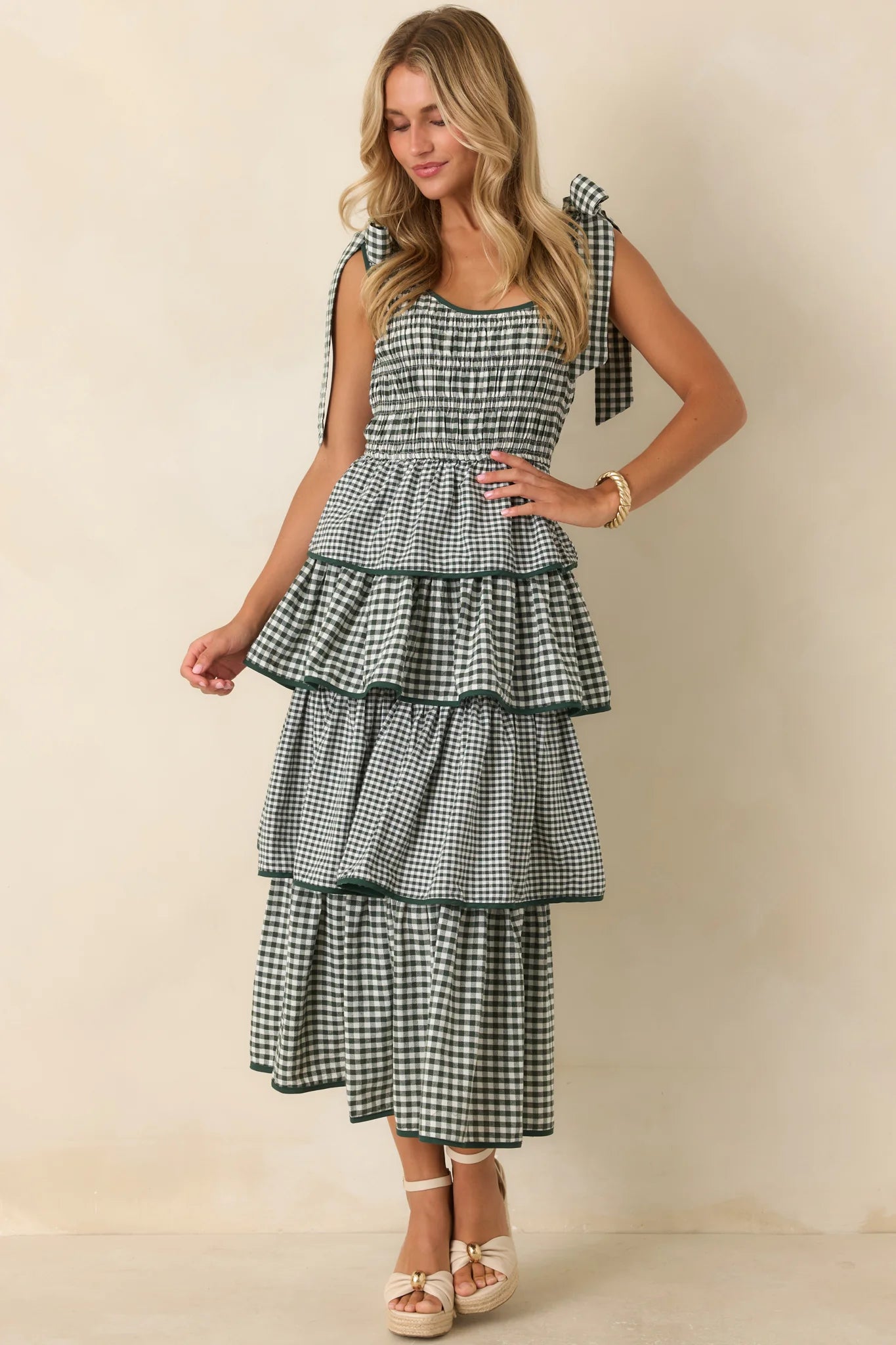 Garden Party Plans Hunter Green Gingham Tiered Midi Dress