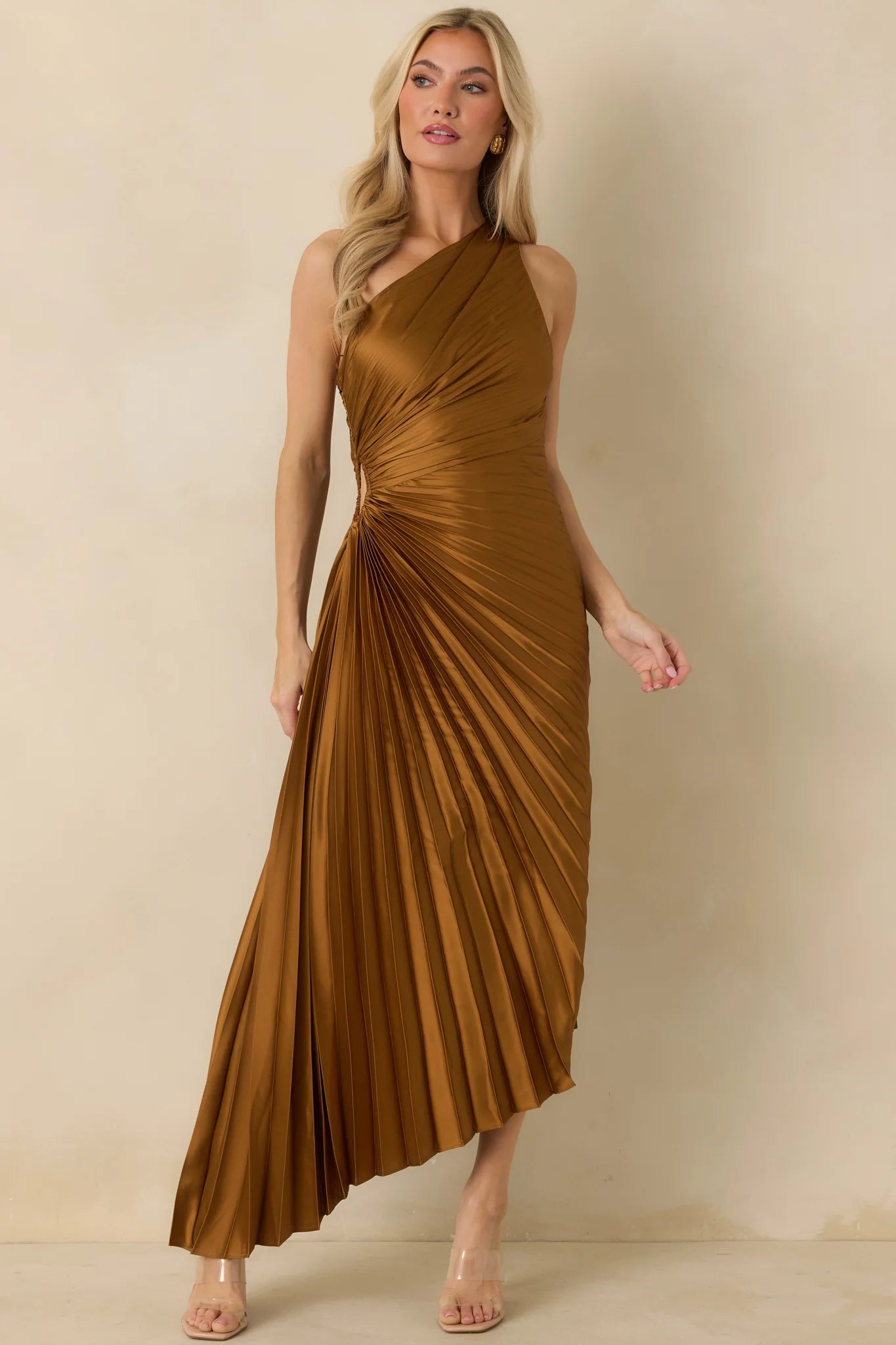 Poetic Charm Bronze Asymmetric One Shoulder Maxi Dress