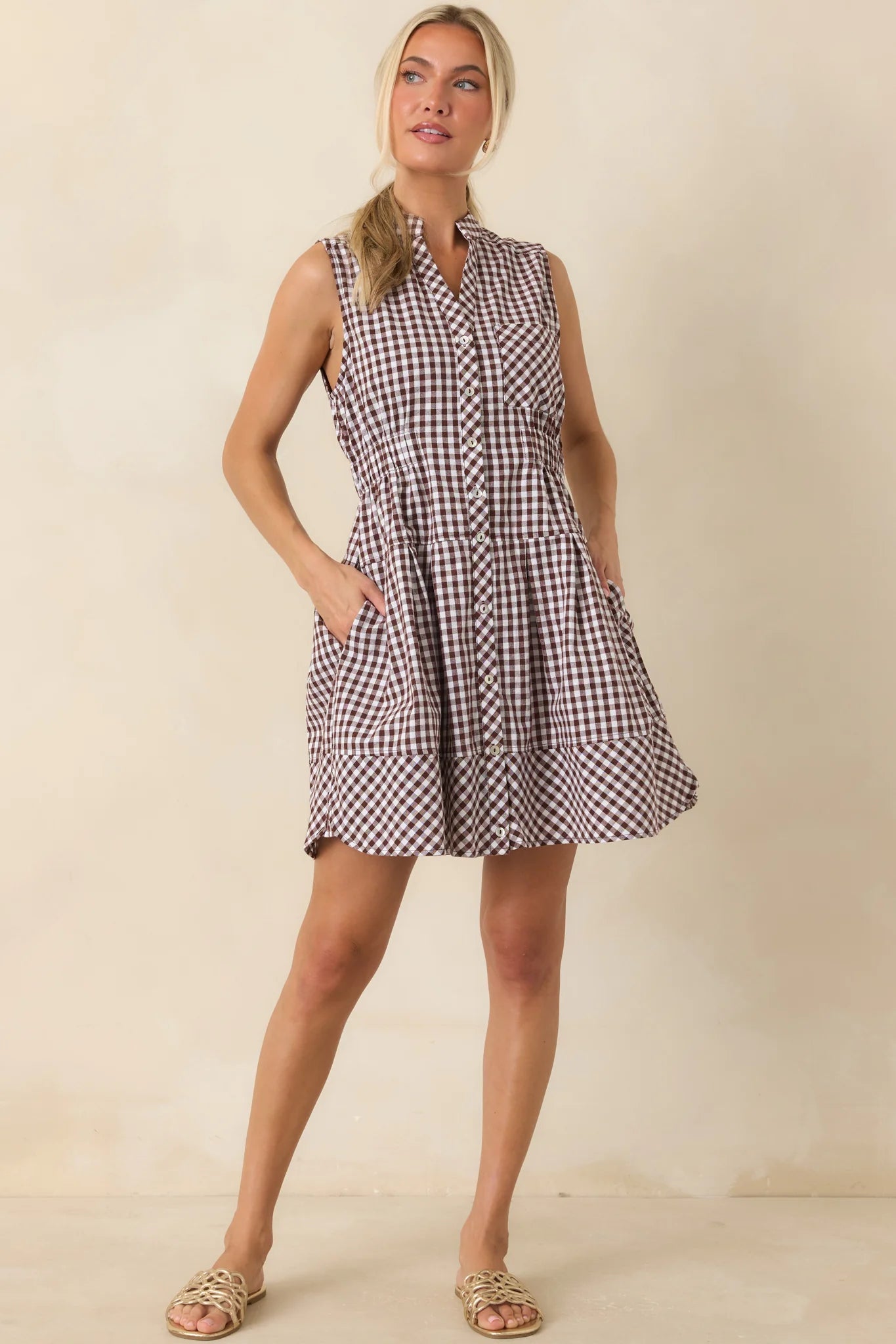 Made for Wandering Camel Gingham Sleeveless Mini Dress