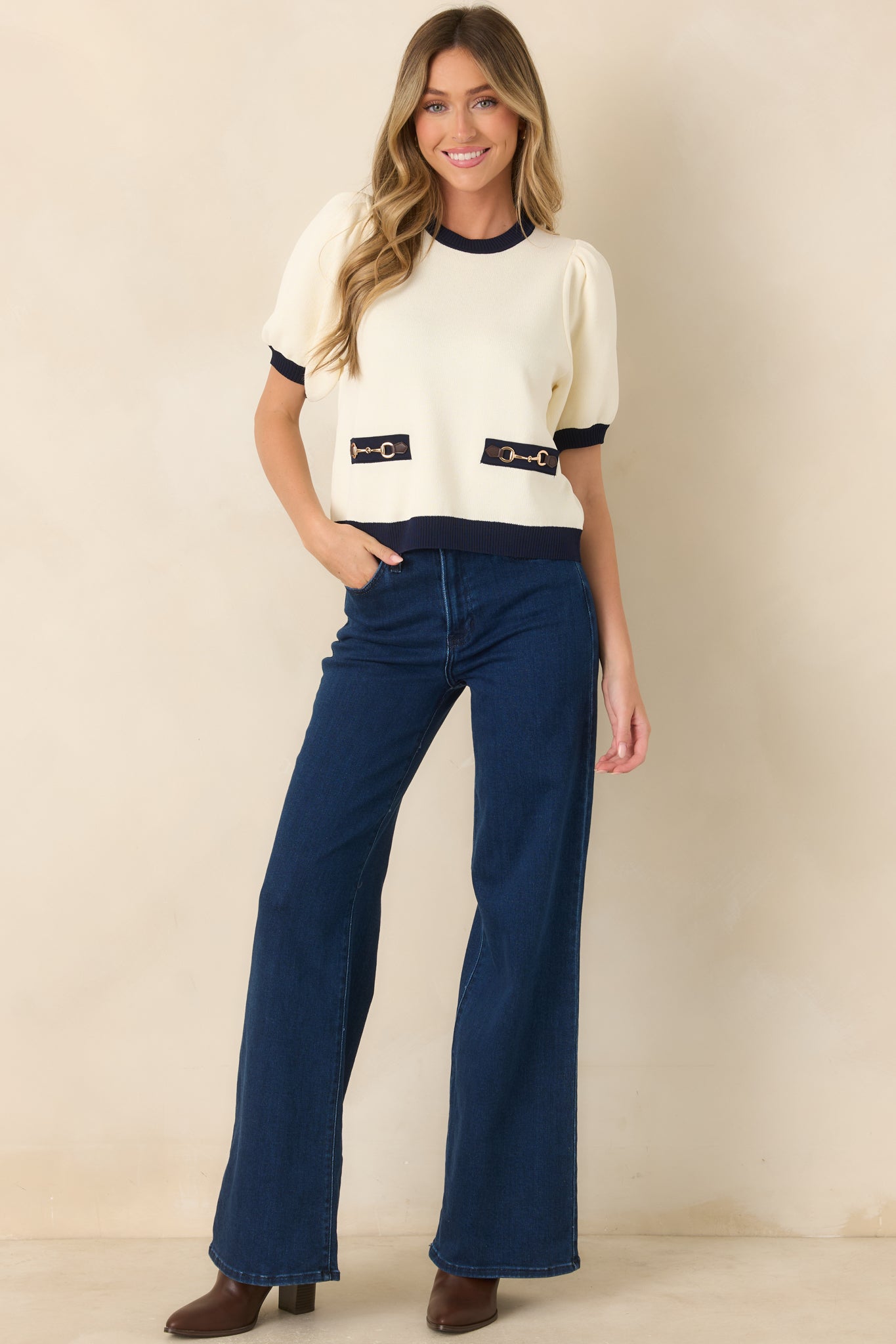 The Polished Life Ivory & Navy Hardware Accent Knit Top