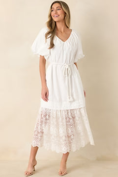 Je T'aime Toujours White Cotton & Gathered Lace Maxi Dress