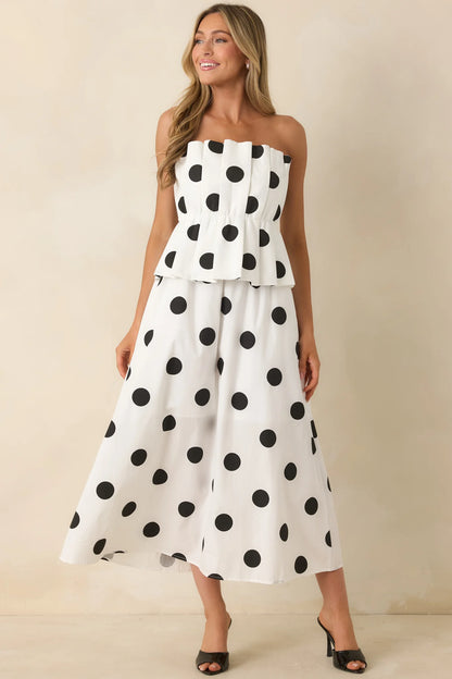 A Class of Her Own White & Black Polka Dot Strapless Midi Dress