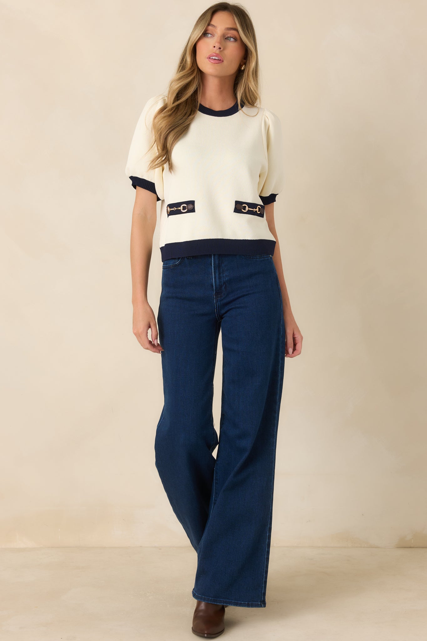 The Polished Life Ivory & Navy Hardware Accent Knit Top