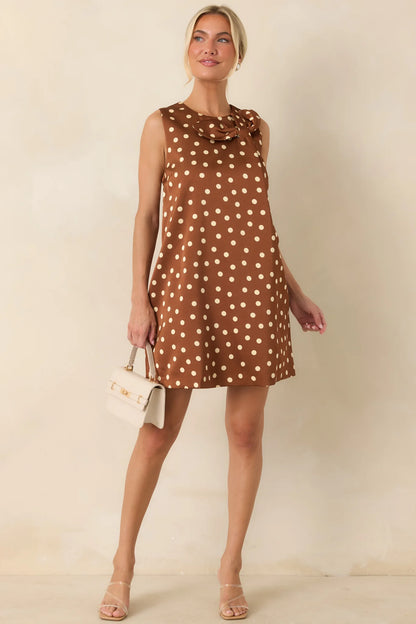 Love in Plain Sight Brown Polka Dot Bow Mini Shift Dress