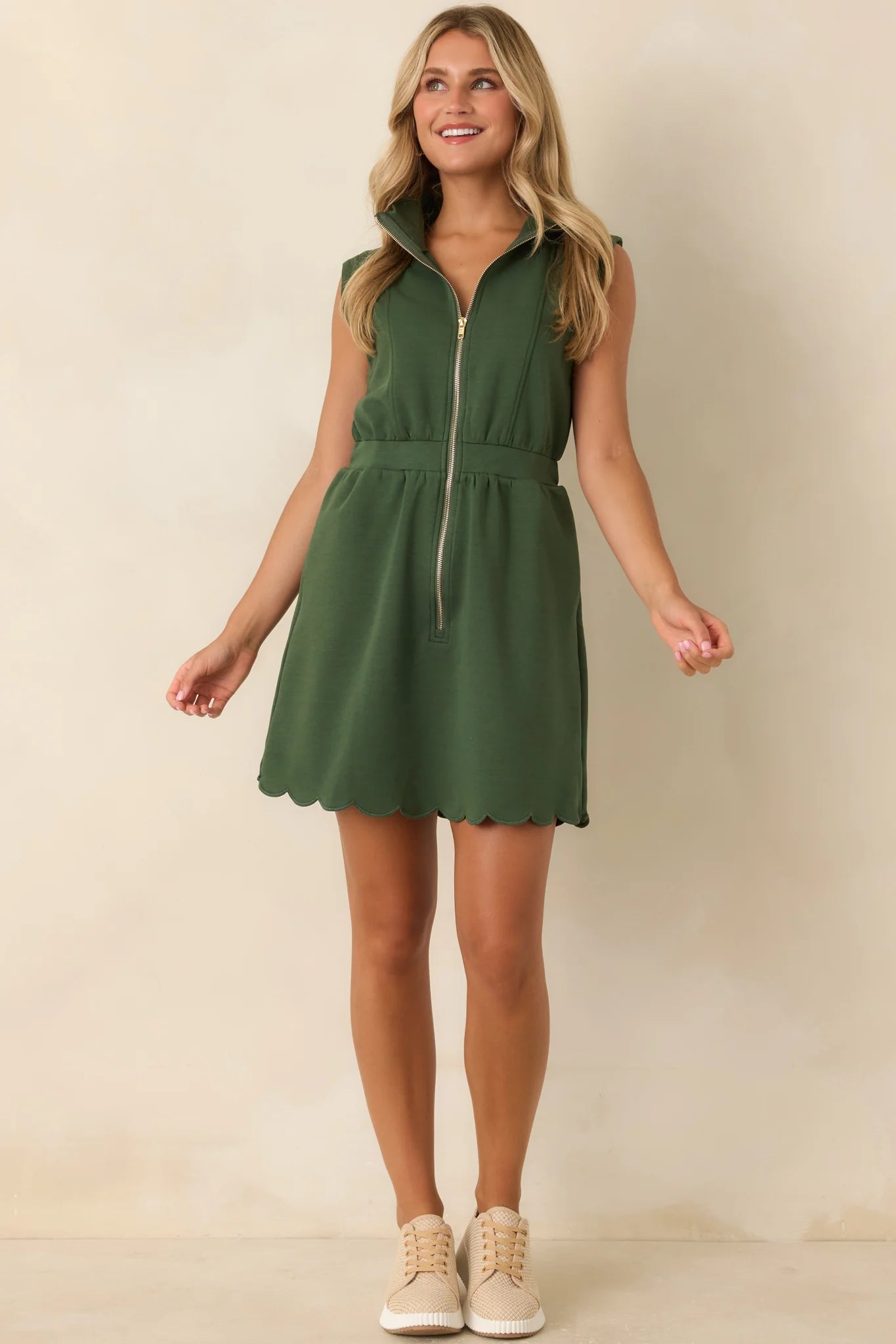 Zip Through the Day Green Zip Front Scalloped Hem Mini Dress