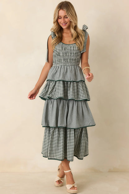 Garden Party Plans Hunter Green Gingham Tiered Midi Dress