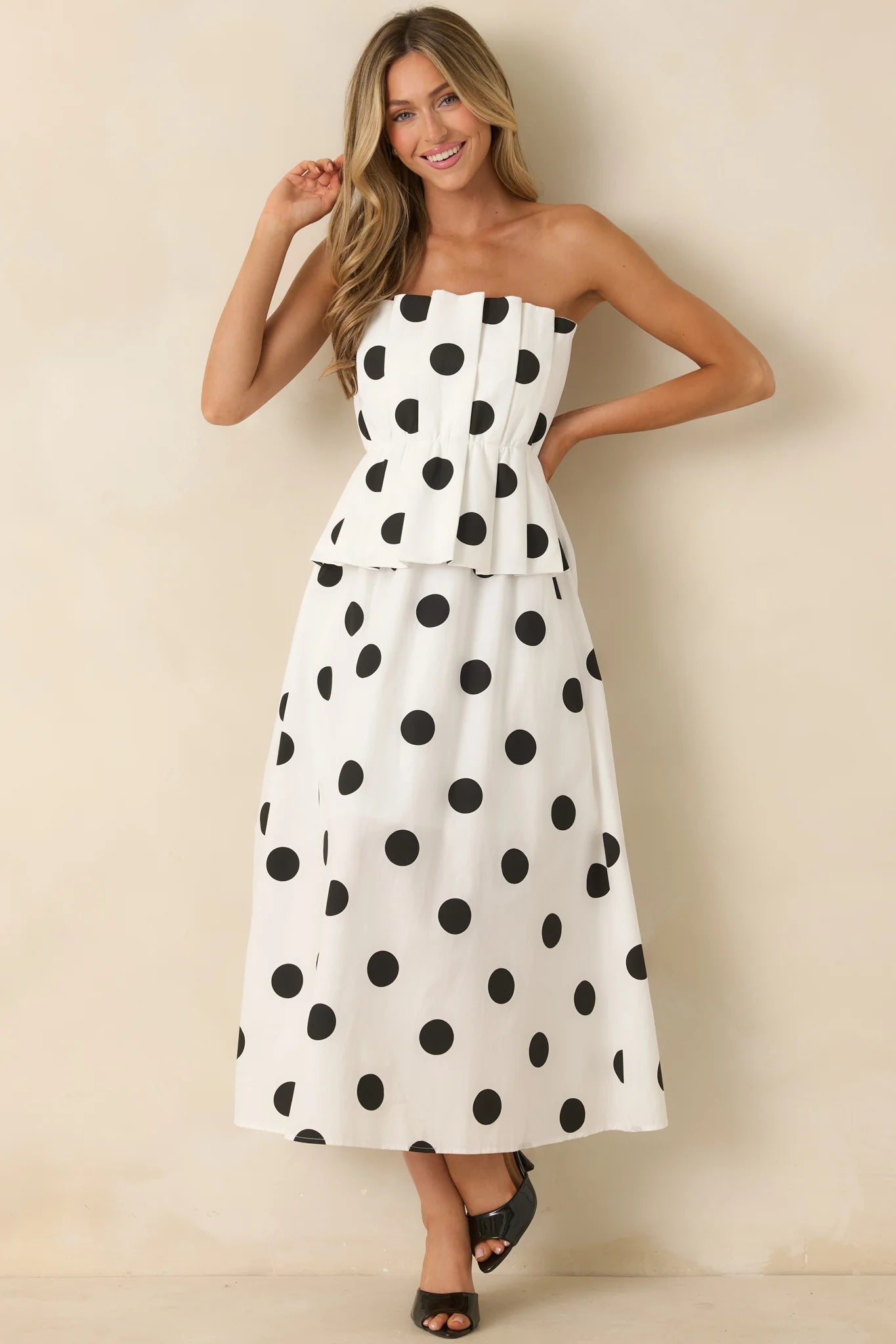 A Class of Her Own White & Black Polka Dot Strapless Midi Dress
