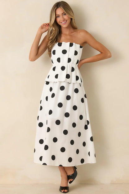 A Class of Her Own White & Black Polka Dot Strapless Midi Dress