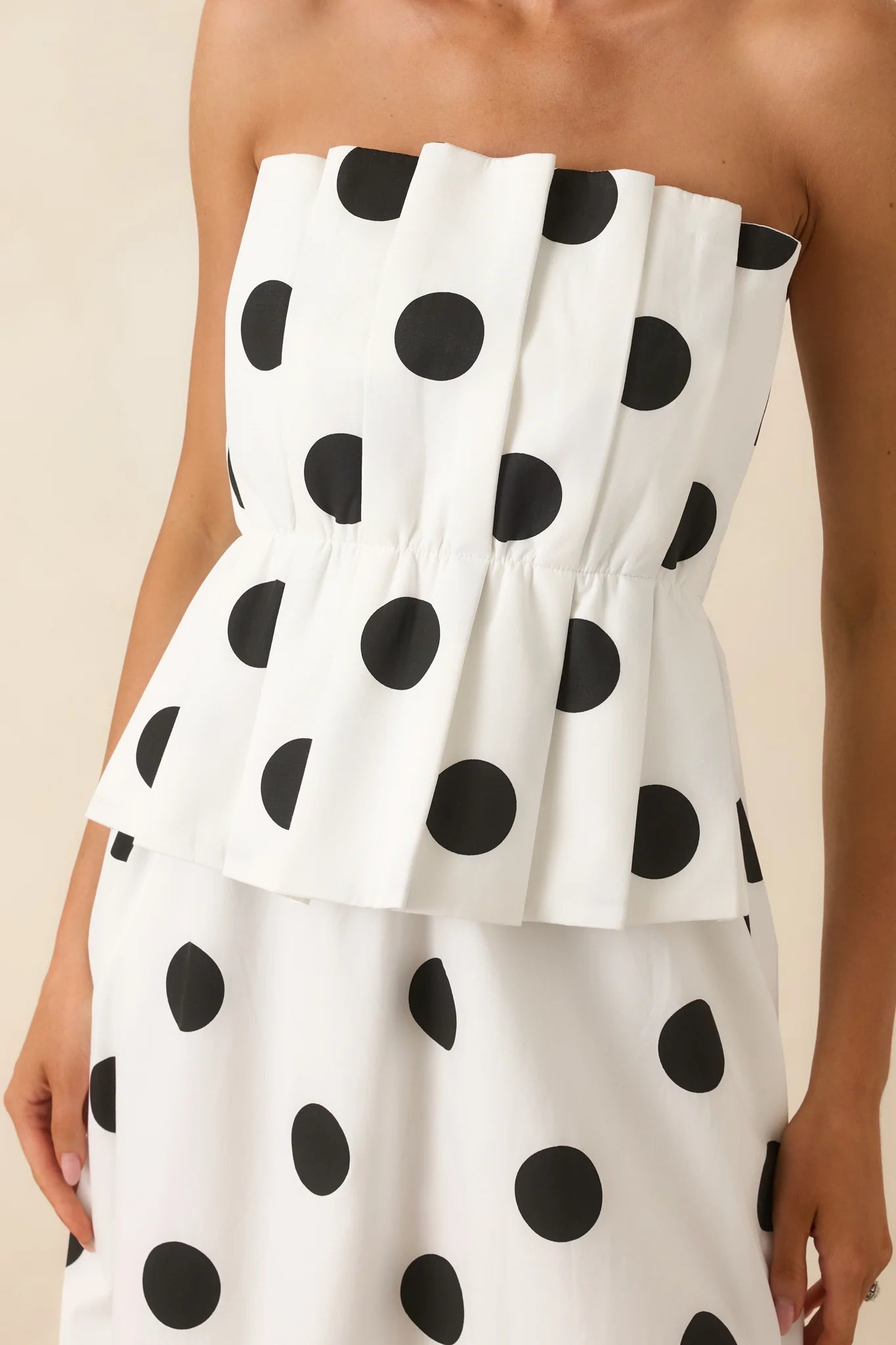 A Class of Her Own White & Black Polka Dot Strapless Midi Dress