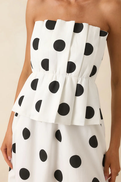 A Class of Her Own White & Black Polka Dot Strapless Midi Dress