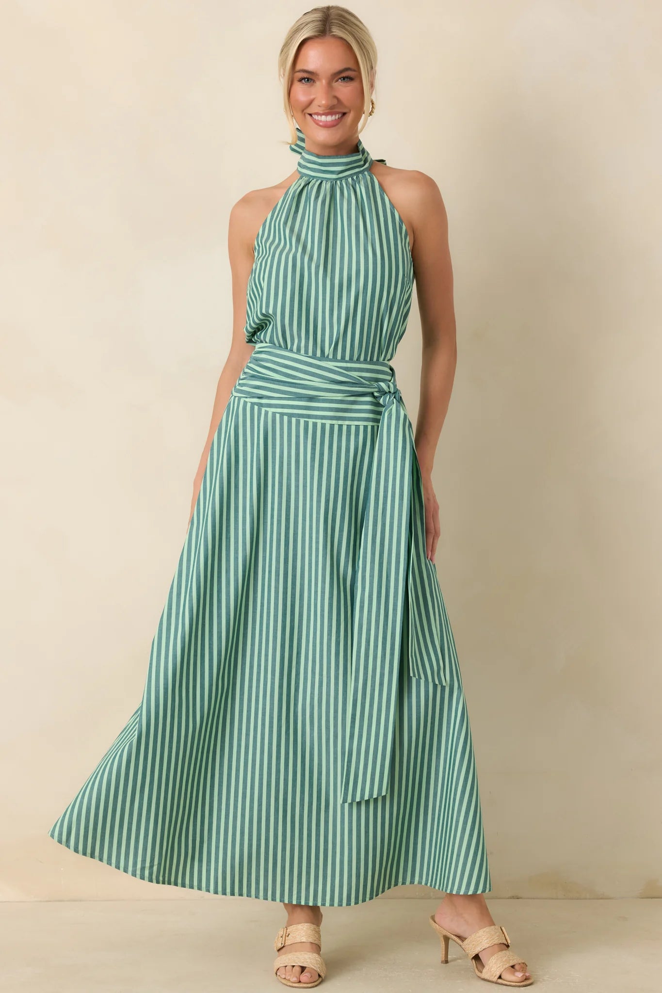 FRNCH Crescenzo Green Stripe Cotton Tie-Neck Halter Top