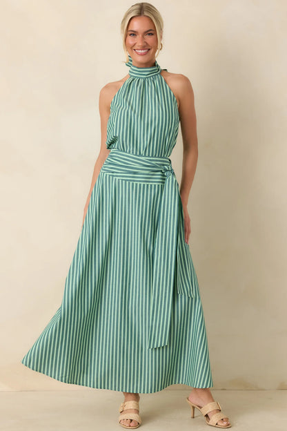 FRNCH Crescenzo Green Stripe Cotton Tie-Neck Halter Top