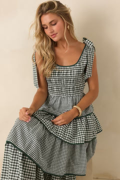 Garden Party Plans Hunter Green Gingham Tiered Midi Dress
